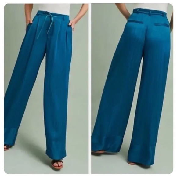 Anthropologie Elevenses Turquoise Blue Wide Leg Satin Trouser Pants Size 4 - Picture 1 of 13